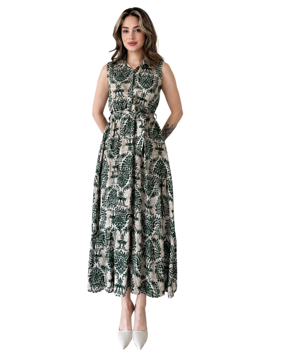 Women's Floral Printed Rayon Sleeveless Collared Fit & Flare Midi Dress | Soft Rayon Fabric | Adjustable Waist Tie | Casual Summer Dress | Elegant Everyday Wear-picture-36