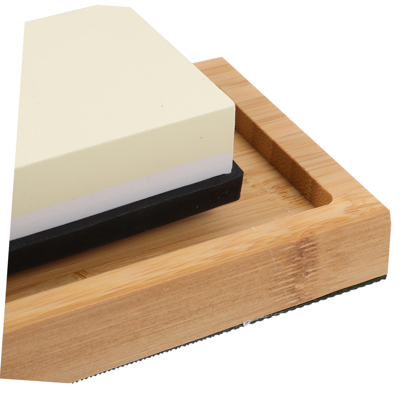 Set Affilacoltelli Base in Bambù Antiscivolo con Pietra Abrasiva Doppia Faccia in Corindone Bianco Resistente e Stabile per Affilatura Utensili Domestici
