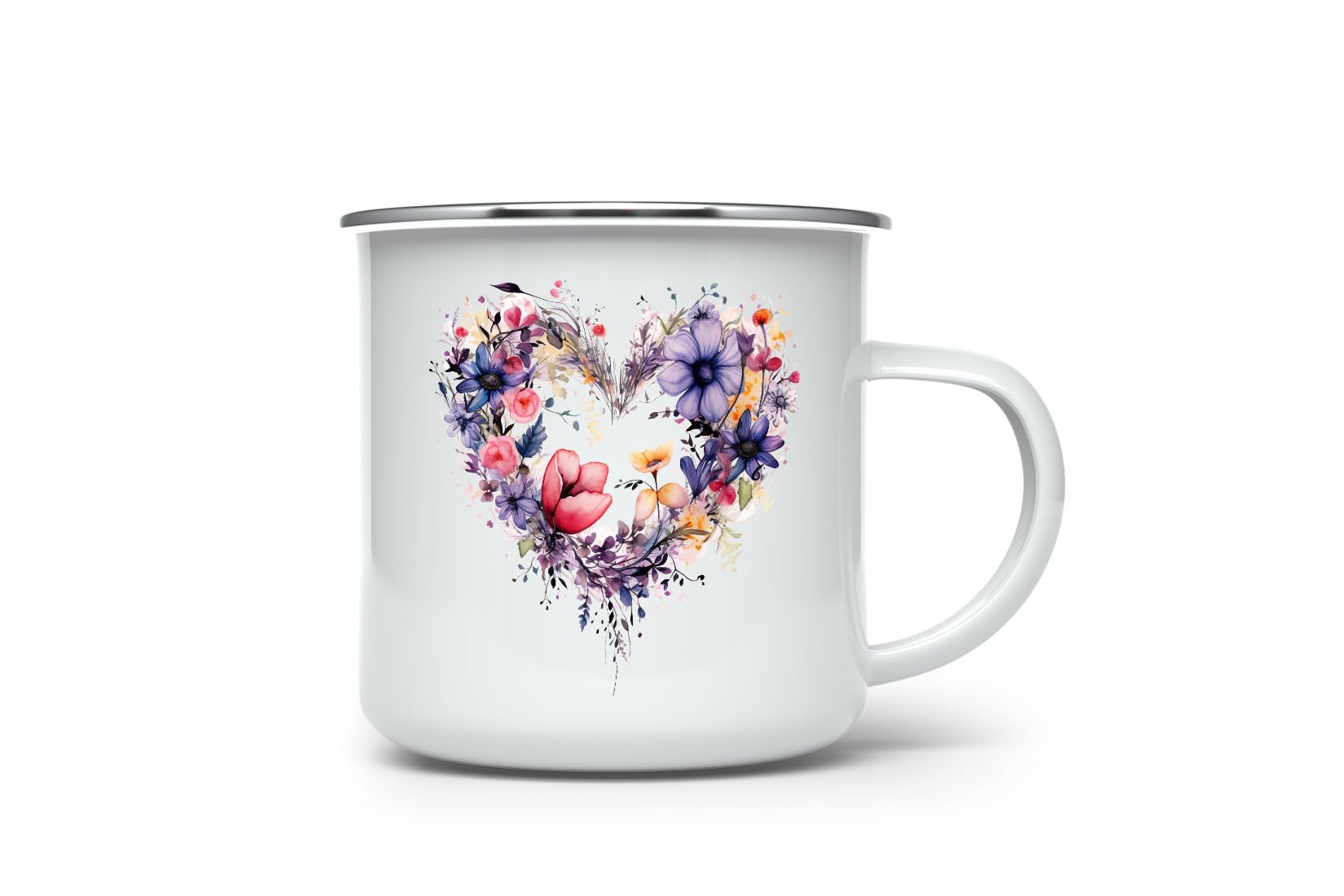 MAXIKIWI - Durable Enamel Coffee or Tea Camping Mug for Indoor Outdoor Use - Floral Heart Watercolor - 350ml