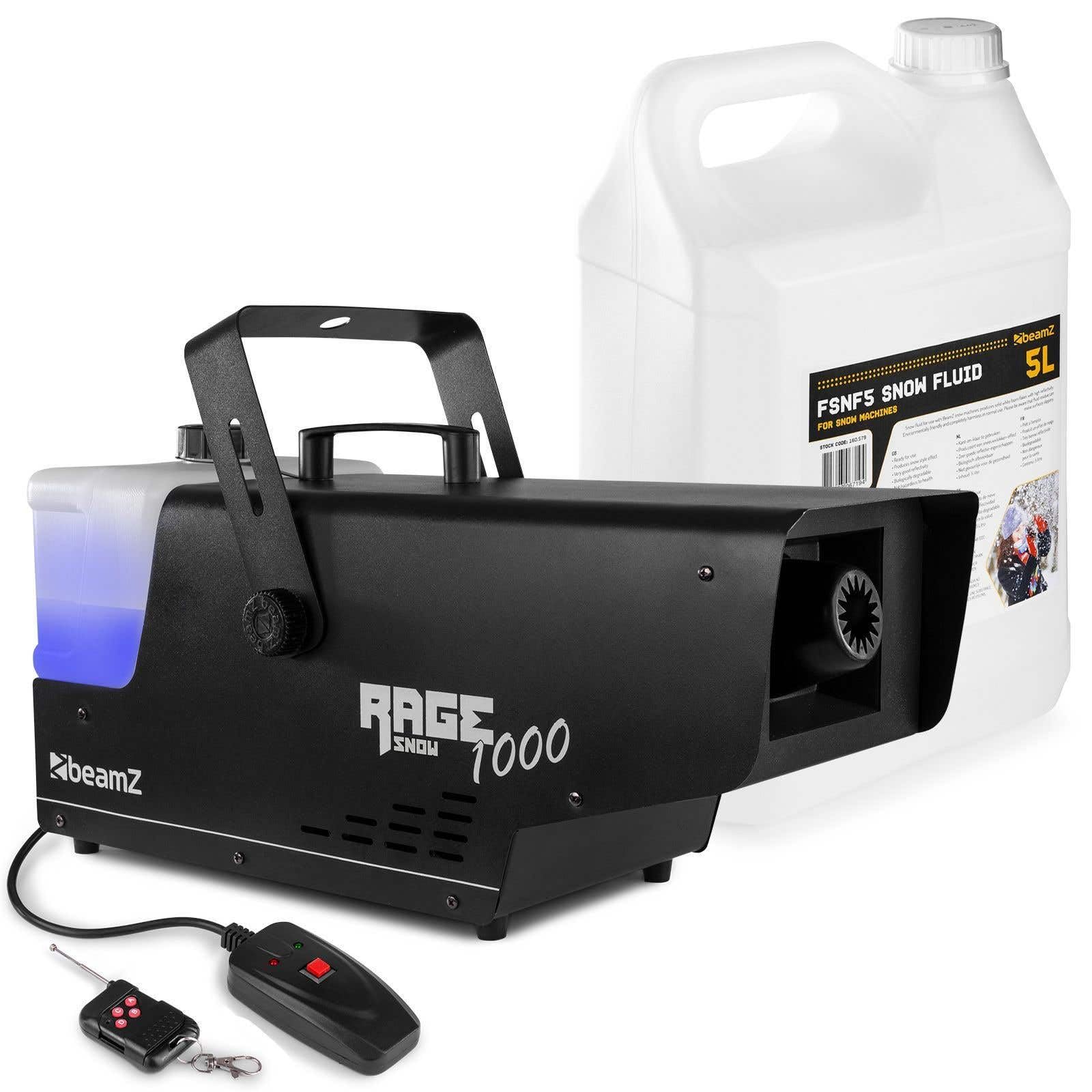 BeamZ RAGE1000SNOW Máquina de Nieve 1000W - Incluye 5L Líquido, Mando Inalámbrico + con Cable, Boquilla Estrella, Tanque Iluminado LED, Efecto Invernal para Eventos, Fiestas o Après-ski