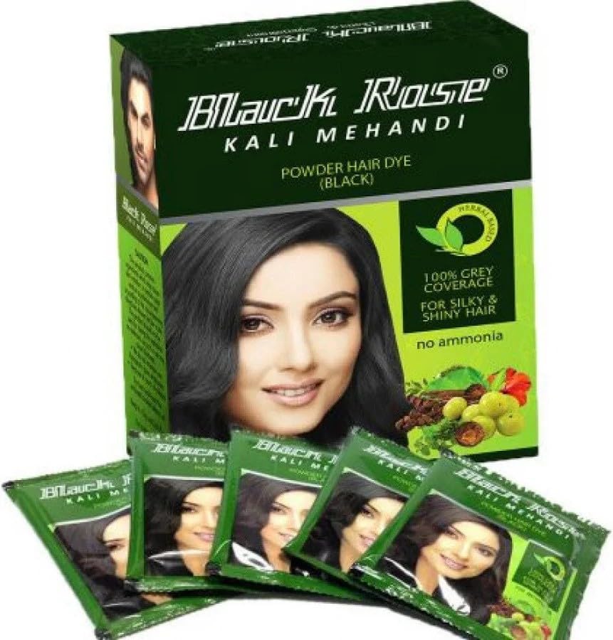 Blackrosee Kali Mehandi Hair Dye Powder for Men & Women, Natural-Looking Black Color, (Pack of 5x10 grams)