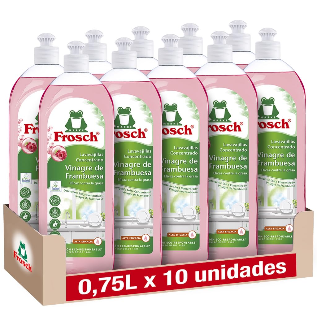 Frosch - Lavastoviglie a Mano Liquido Concentrato Ecologico Aceto di Lampone, Extra sgrassante ed efficacia - Confezione da 10 pezzi x 750 ml