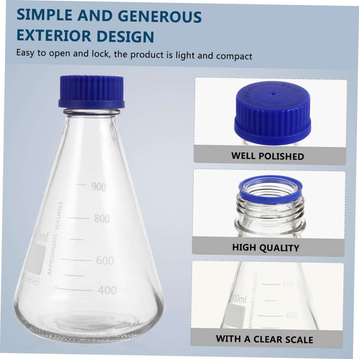 Set 2 Bottiglie Coniche in Vetro per Reagenti 1000Ml Tappo a Vite Blu Bottiglie Coniche per Esperimenti di Laboratorio Forniture per Studenti per Lezioni di Chimica