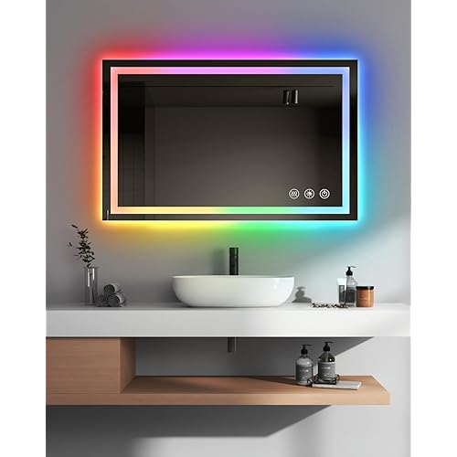 oneup 40x32 Inch LED Bathroom Mirror,RGB Color Changing Bathroom Mirror with Lights,Anti-Fog Wall-Mounted Vanity Mirrors,Smart Dimmable Multicolor Lighted,IP54 Waterproof (Horizontal/Vertical)