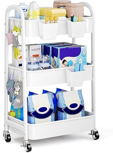 Organizador de pañales para bebé, carrito de almacenamiento de artículos esenciales para bebés de 3 niveles con ruedas, organizador de cosas