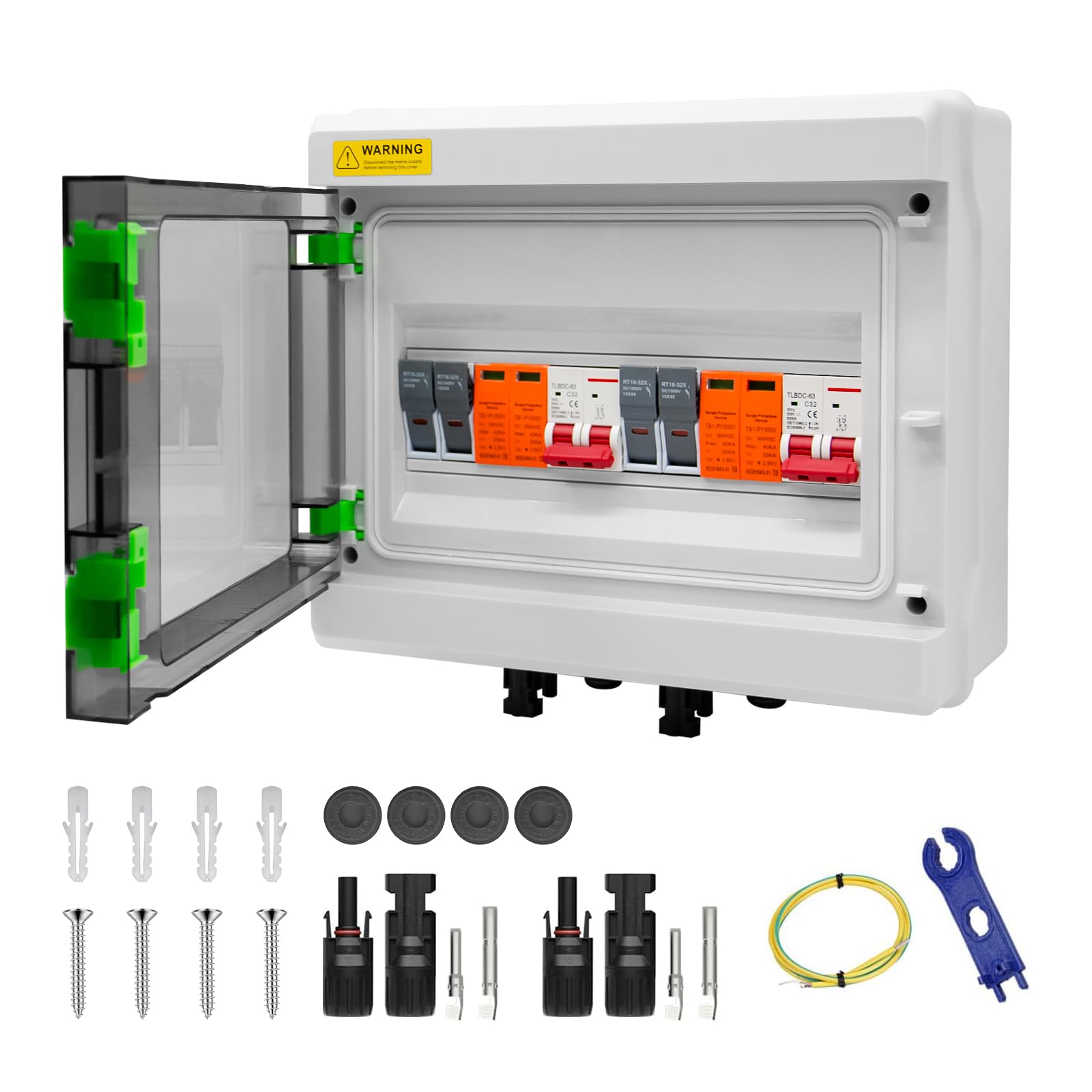 DC500V Solar Combiner Box IP65 2-In-2-Out 32A wyłącznik z ochroną przeciwprzepięciową i bezpiecznikiem, skrzynka łącząca PV, wodoodporna obudowa IP65, do systemów paneli słonecznych