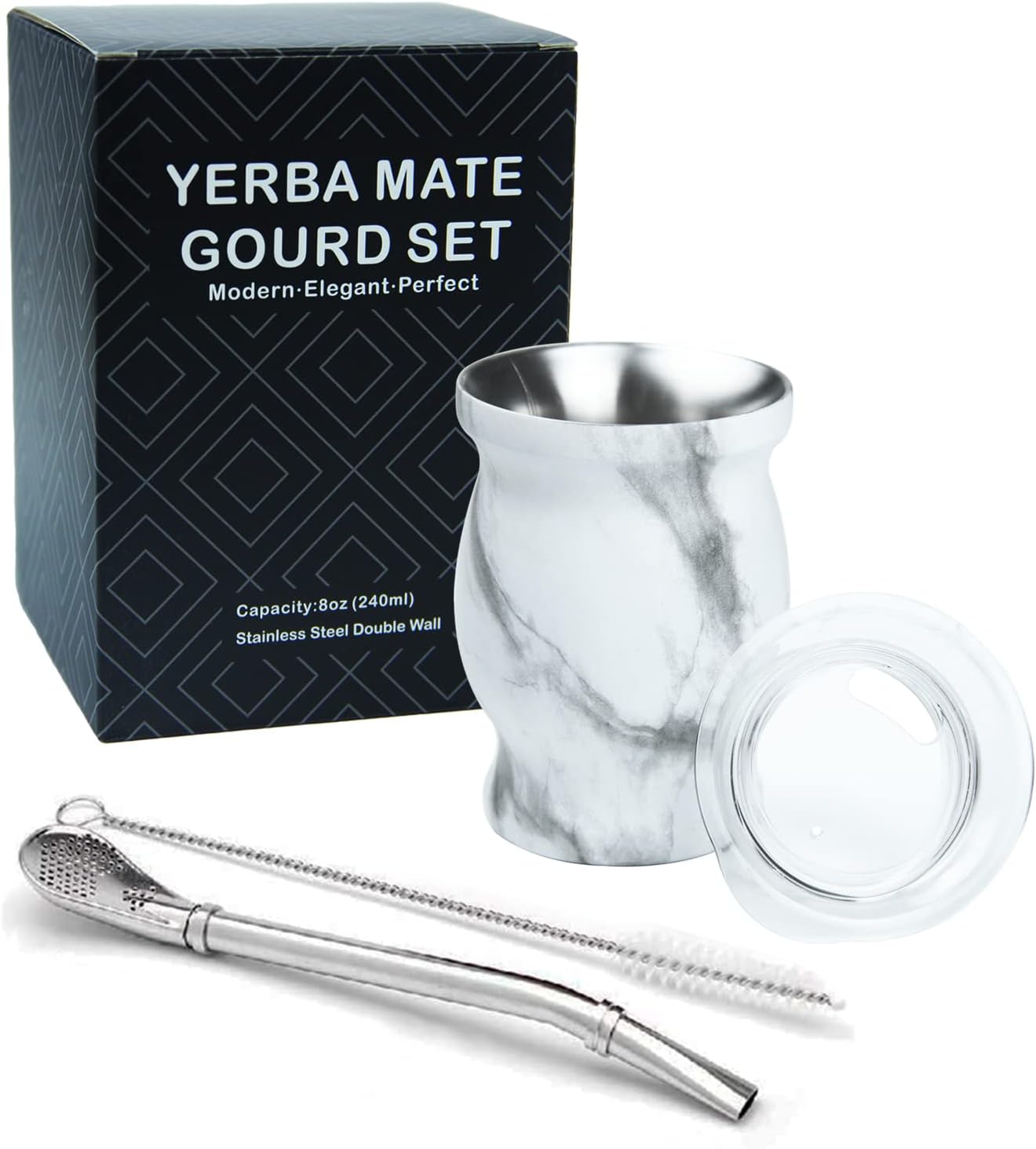 LA FEE Yerba Mate Natural Gourd/Tea Cup Set Brown (Original Traditional Mate Cup - 8 Ounces)，Includes Yerba Mate Straw & Cleaning Brush，Stainless Steel | Double-Walled | Easy to Clean (Brown)