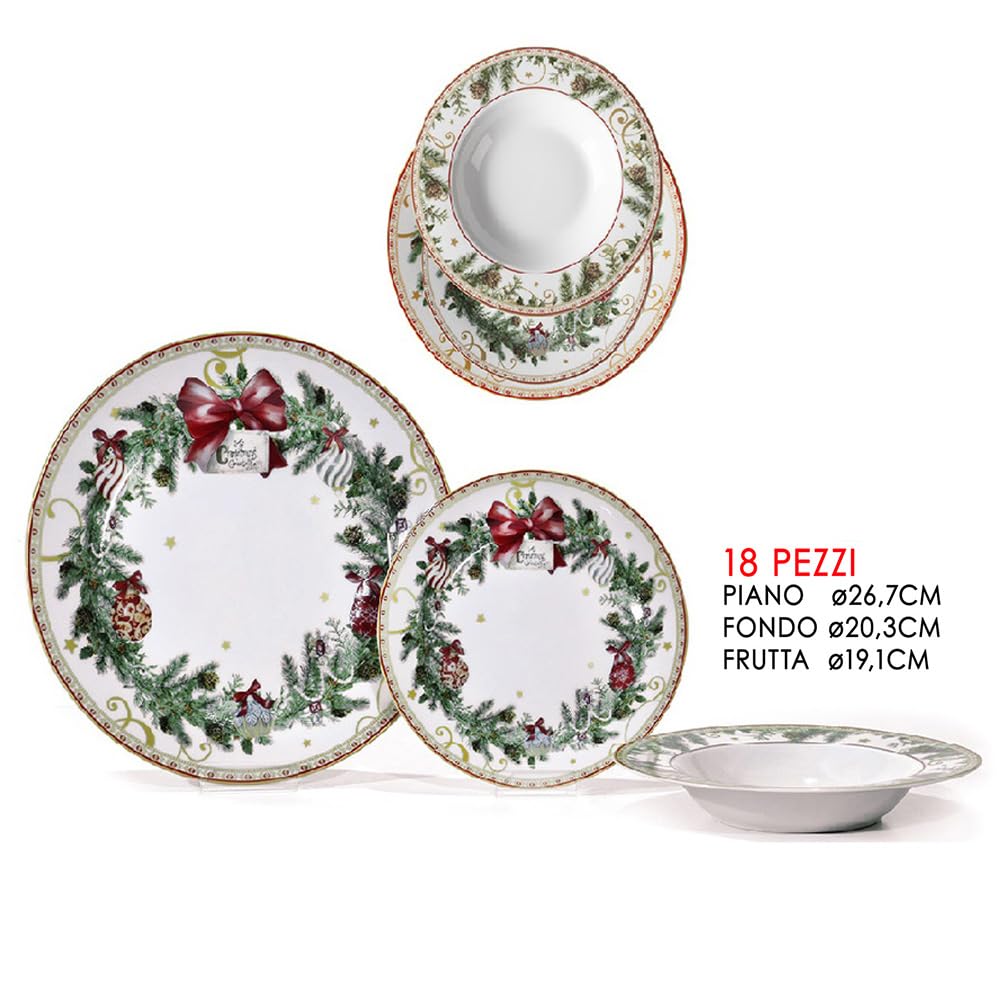 Servizio Piatti di Natale completo per 6 Persone 18 PZ ghirlanda fiocco rosso in Porcellana tavola elegante natalizia decorazioni agrifoglio pigne palline idea regalo