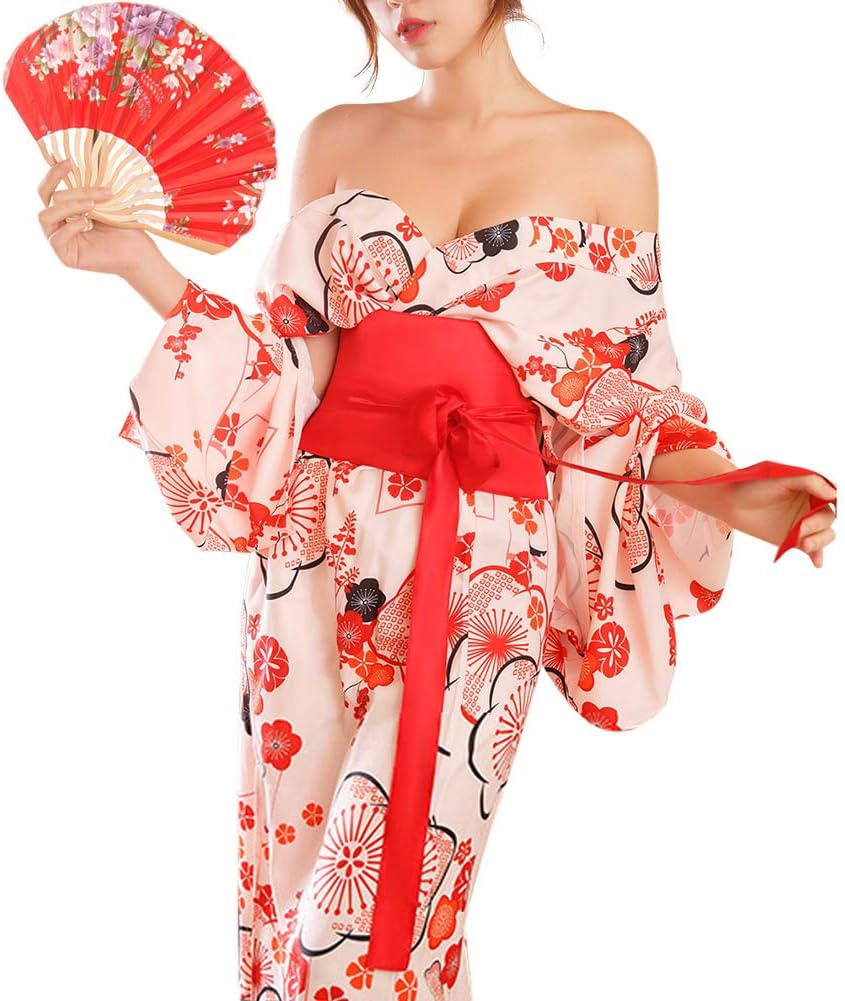 Women's Traditional Japanese Kimono Pink Peach Blossom Print Yukata Long Robe with Obi Belt