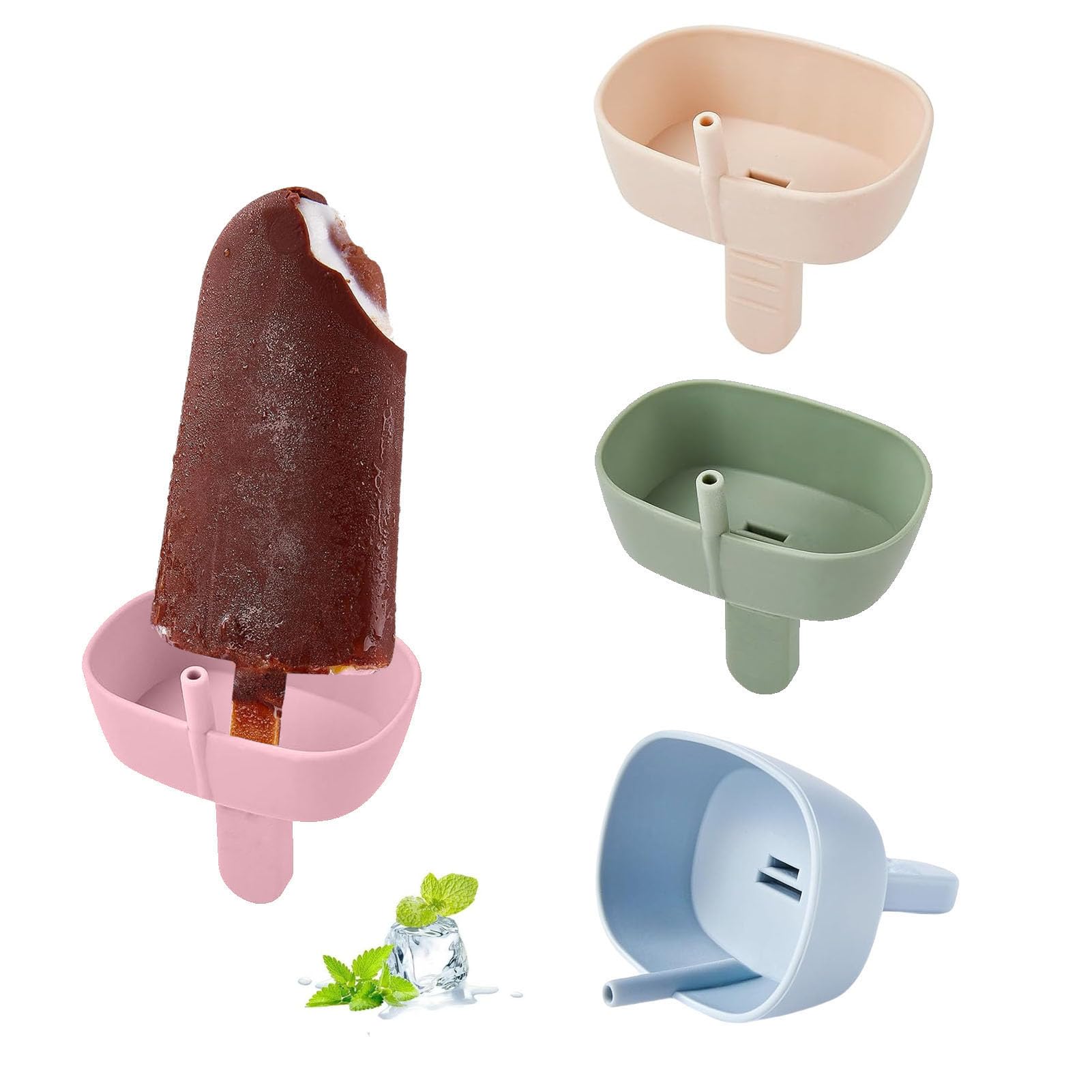 DuDuZui 4PCS Drip Free Popsicle Holder, 4 Colors Reusable Silica Gel BPA Free Ice Pop Stick Holder for Kids, Silicone Burr-Free Safety Healthy Mess Free Frozen Treats Holder with Straw and 2 Slots
