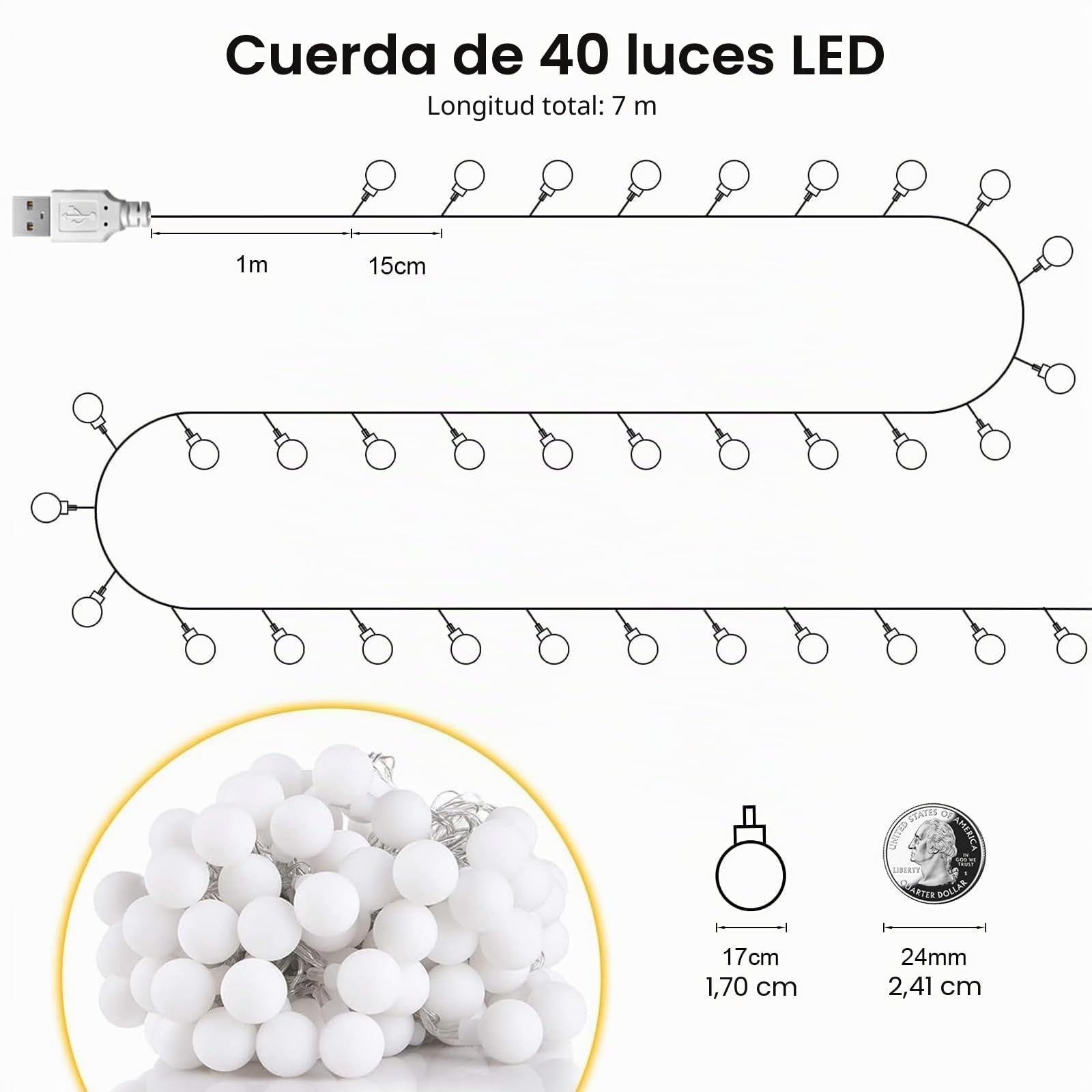 Bigzom USB Bombillas de Hadas Globulares para Interiores, 7M 40LED 5V Bombillas para Salas, Bodas, Balcones, Jardines, Fiestas, Decoración Navideña