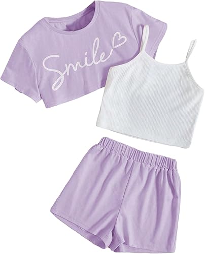 OYOANGLE Girl's 3 Pieces Summer Outfits Graphic Print Crop Tee Top and Cami Top with Shorts Set