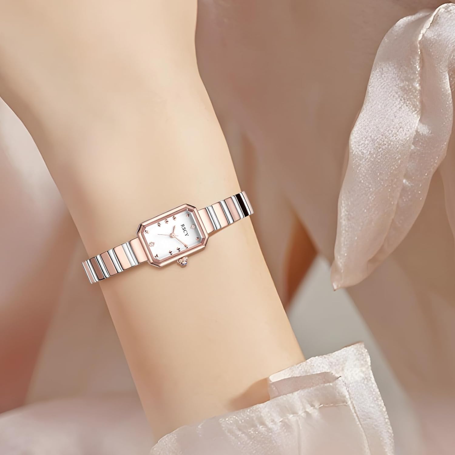 LEO RING Dainty Two-Tone Gold & Silver Analog Quartz Wristwatch with Roman Numerals, Small Rectangular Vintage Style Women's Watch, Includes Adjustment Tool