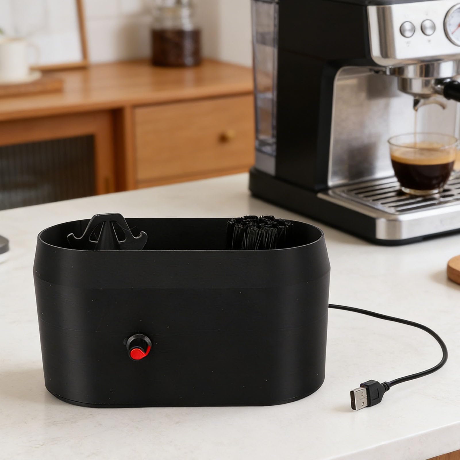 Haofy Limpiador de Portafiltro de café, Cepillo de Limpieza y Raspador con Mango para Alimentado por USB para Máquinas de café Expreso, 7,5x4,3x4,3 Pulgadas