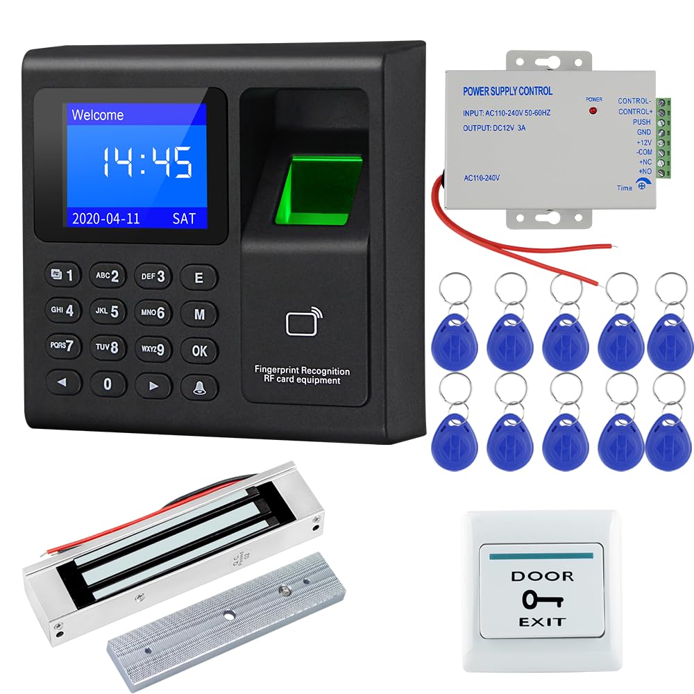 Sistemas de seguridad con máquina de asistencia de tiempo de huellas dactilares para empresa con interruptor de puerta, fuente de alimentación, 10 llaveros de identificación de 125 KHz