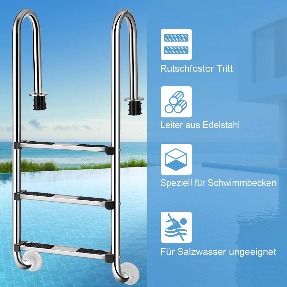 COSTWAY Edelstahl Poolleiter, Schwimmbad Leiter 3 stufig, Einstiegsleiter Silber bis 150kg belastbar, Schwimmbadleiter rutschfest, Einbauleiter 132 x 50 x 26 cm