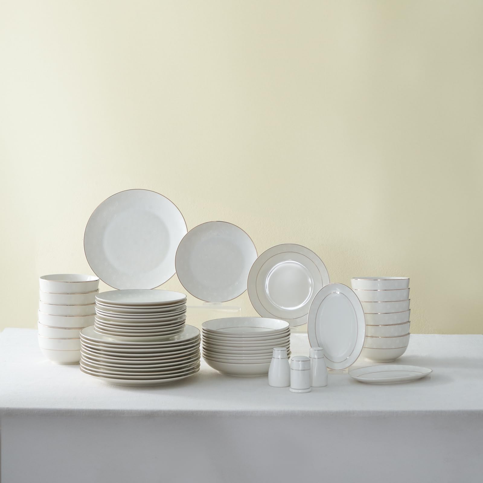Karaca Mandarin White Dinnerware Sets, Modern Kitchen Dinner Set for 12 People, Bone China Dishwasher Safe Plates and Bowls Sets, Durable & Elegant, Gold Trim, 53-Piece