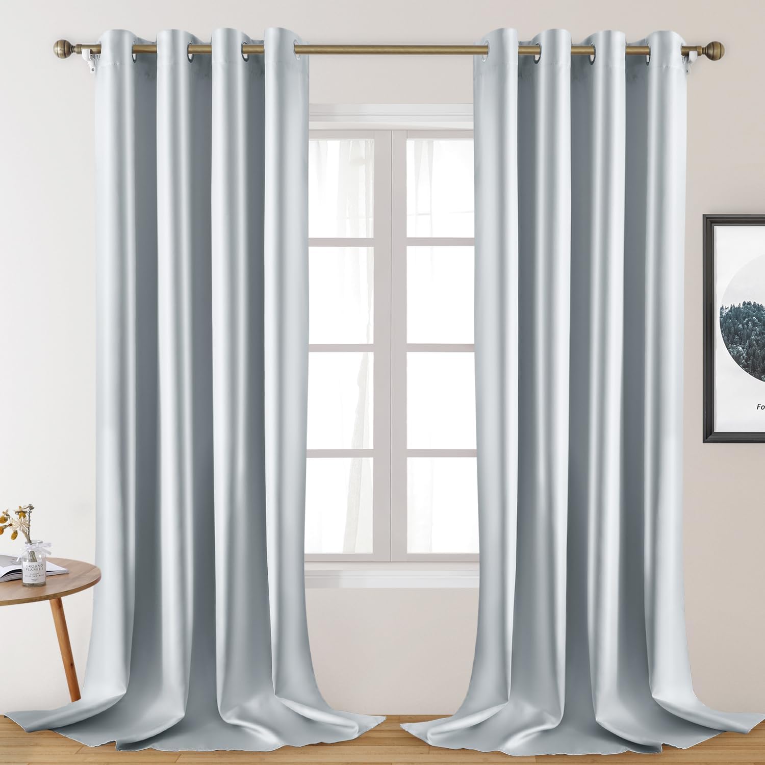 HOMEIDEAS 2 Panels Greyish White Faux Silk Blackout Curtains, 52 X 108 Inch Room Darkening Satin Thermal Insulated Window Drapes for Bedroom, Indoor, Nursery