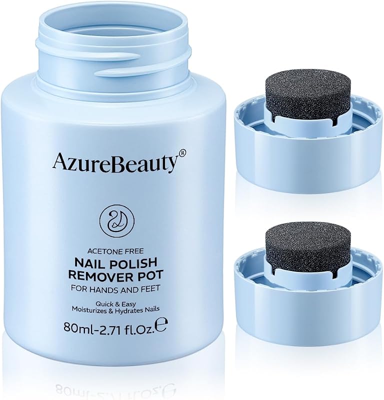 Azurebeauty Nail Polish Remover Pot, Acetone-Free Nail Polish Remover | No-Mess Dip & Twist Remover Jar for Manicure & Pedicure, Gentle Non-Drying Formula, 2 Sponge Lids, Travel Size 2.71 fl oz