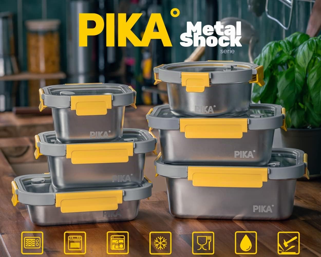 PIKA - Set di 3 contenitori per alimenti in acciaio inox e coperchio in vetro temperato - Ermetico e leggero - Compatibile con microonde, forno, congelatore - MetalShock