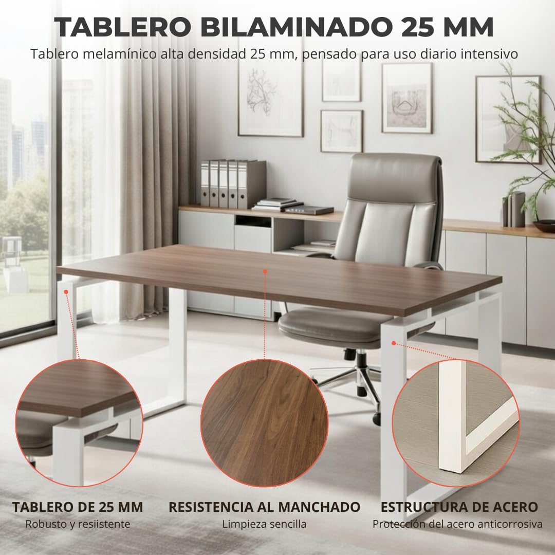 OFIFACTORY Mesa Oficina Profesional | Escritorio Madera con Tablero de Melamina 25 mm para Despacho, Teletrabajo, Ordenador o Estudio | Mesa Ordenador Escritorio Grande (140X80, Nogal)