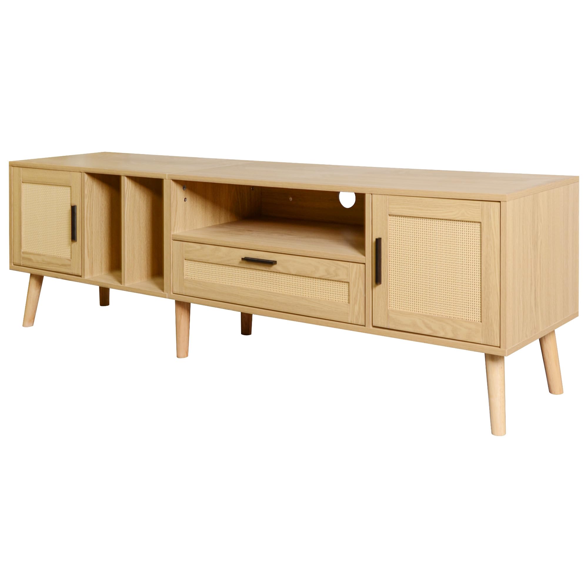 Mobile TV spazioso 180 cm con decorazione in rattan, 2 ante, un cassetto, gambe in legno massello, può ospitare TV da 80 pollici, armadietto per TV