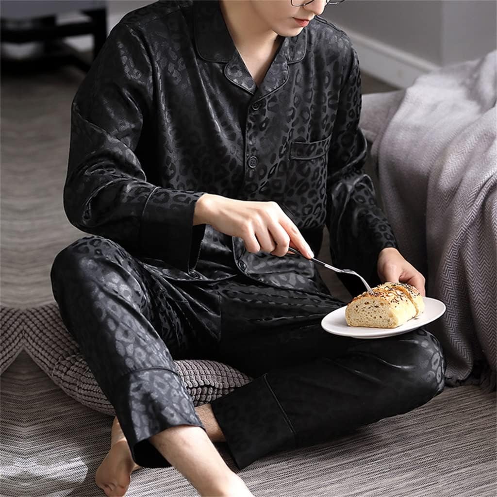 Pajamas Men's Silk Ice Long Sleeve Thin Spring and Autumn Four Seasons Black Pattern Homewear
