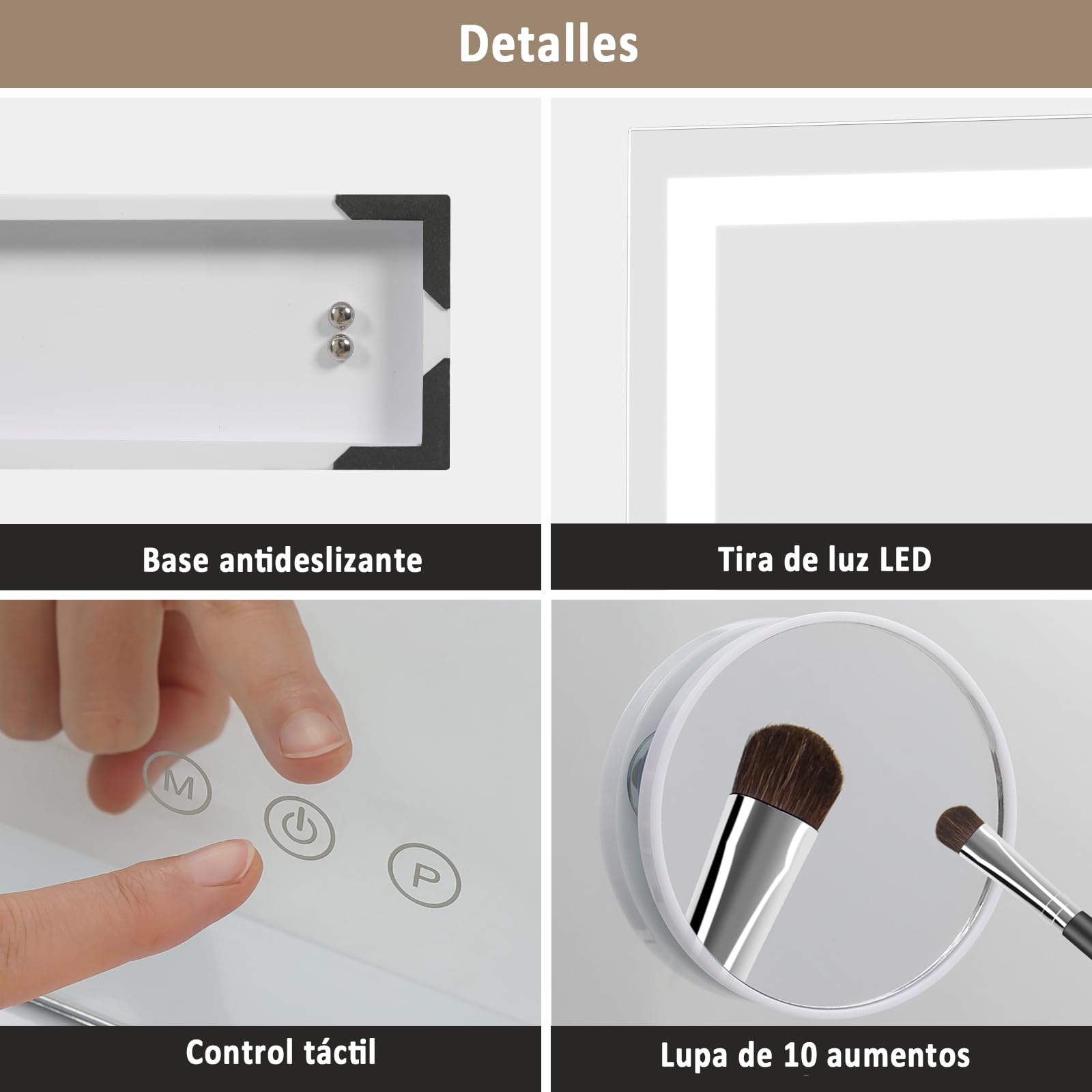 YU YUSING Espejo Maquillaje con Luz, 70x55cm, 3 Modos Iluminación Regulables, Espejo Tocador Grande, Espejos de Mesa, Cargador USB, 10x, Vanity Mirror Tocador Dormitorio, Controles Táctiles, Blanco