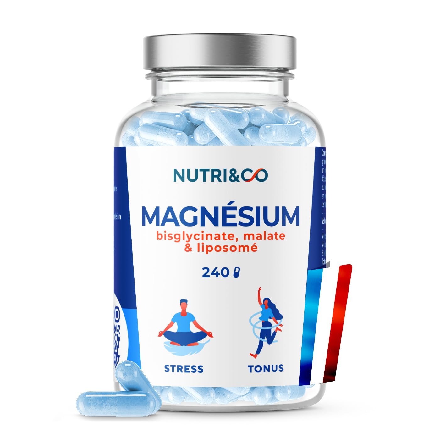 NUTRI&CO Magnésium Bisglycinate Malate & Liposome vitamine B6 | 240 Gélules | Haute Teneur 300mg/j | Haute Absorption Supérieure au Magnésium Marin | Fatigue & Stress | Vegan | Conditionné en France