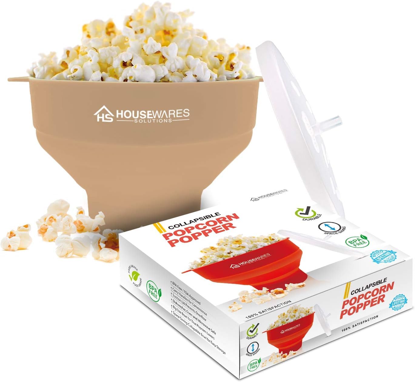 Collapsible Silicone Microwave Hot Air Popcorn Popper Bowl with Lid and Handles (Tan)