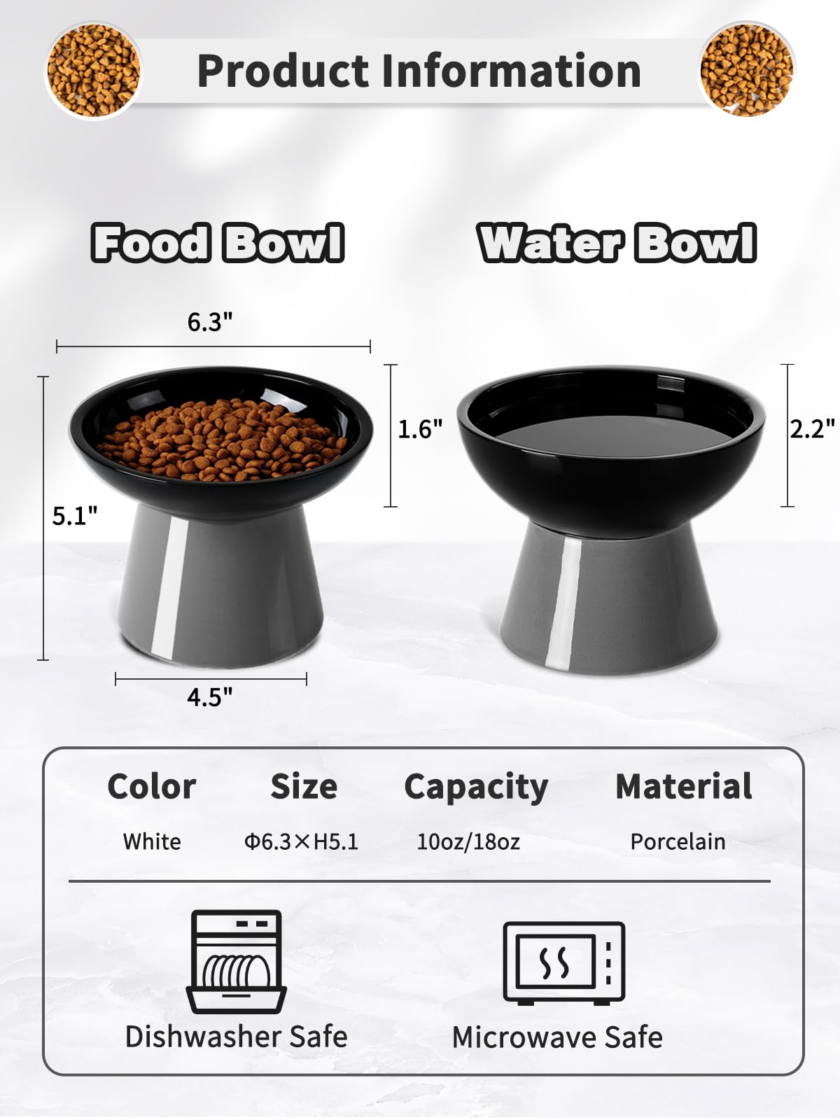 LoeJan Lot de 2 gamelles surélevées pour Chat - Mangeoire en céramique Extra Large et surélevée - Gamelle Anti-vomissement sans Moustaches - pour Chatons Adultes et Petits Chiens (Noir)