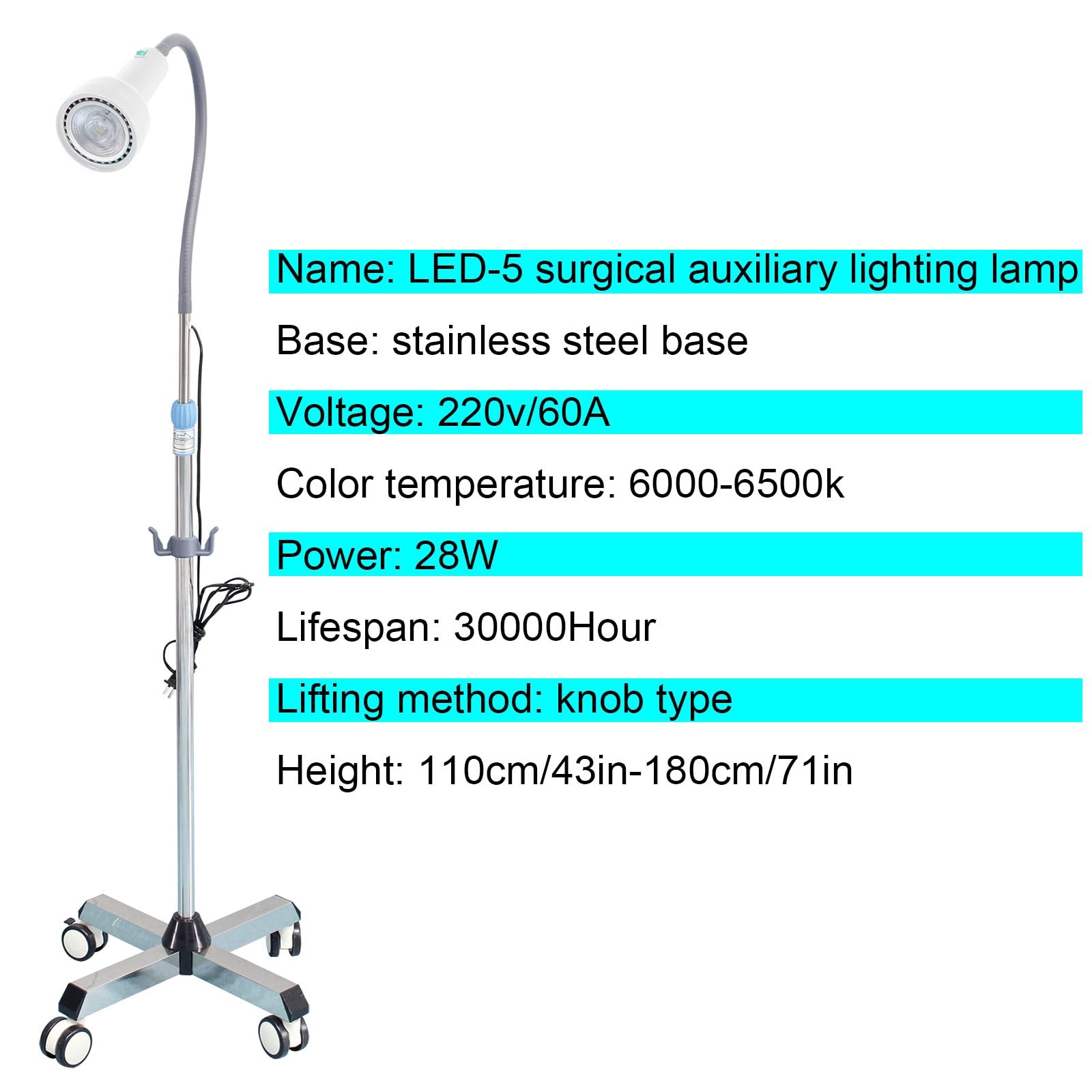 Illuminazione Ausiliaria Chirurgica Lampada per Visita Medica Lampada da Visita Medica a LED Luce Chirurgica Regolabile in Altezza per Ginecologico