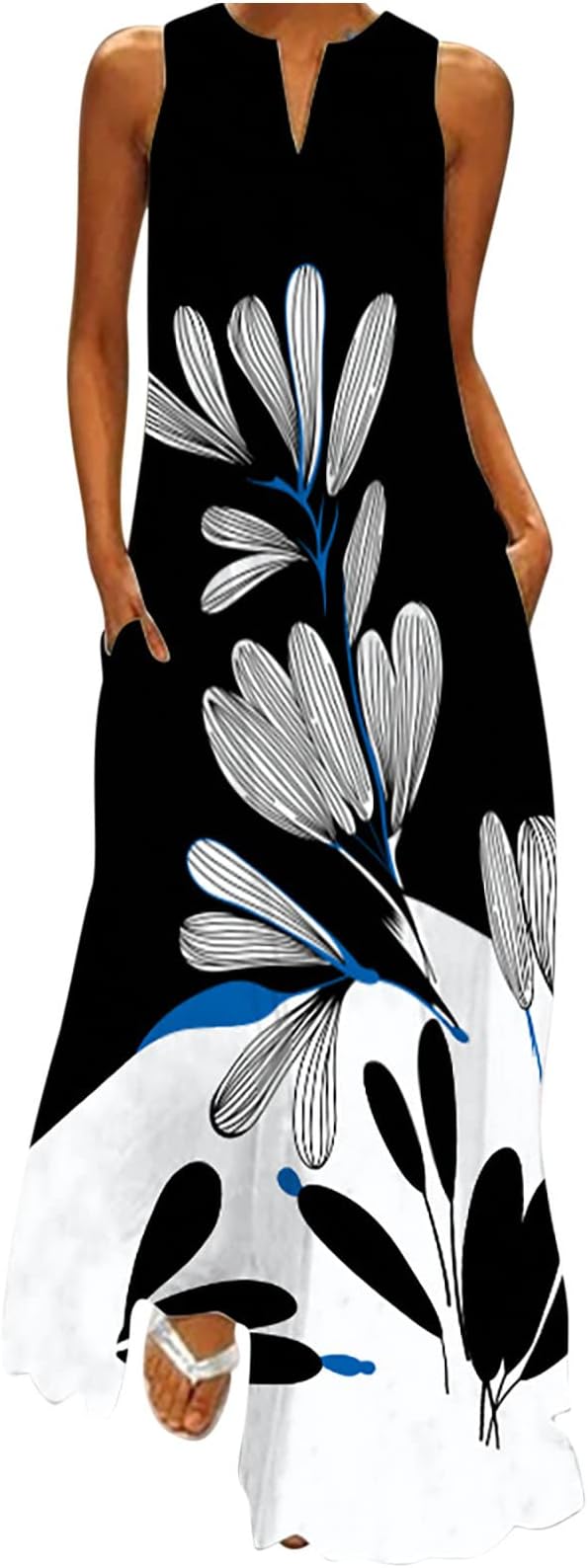 Dresses for Women 2023 Notch V Neck Sleeveless Maxi Dress Boho Floral Print Loose Flowy Sundress Gowns with Pockets