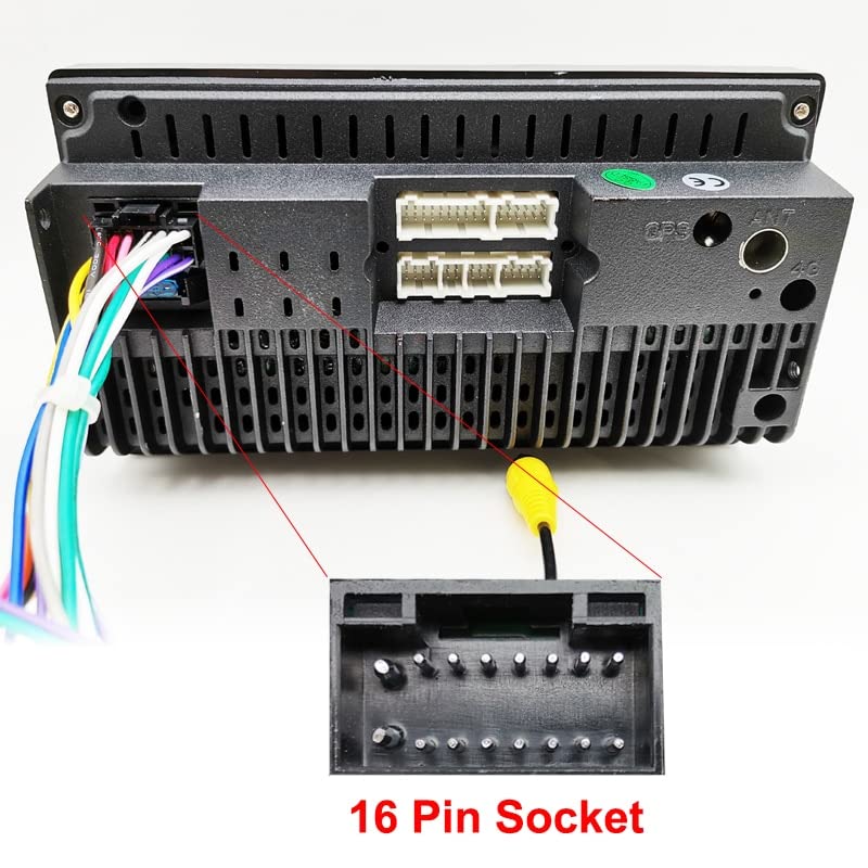 Rear view of an Android head unit showing the 16-pin socket
