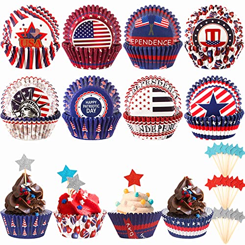 4Th Of July Cupcake Liners And Star Cupcake Toppers, Junebrushs 400Pcs Baking Cups Cupcake Decorations For Independence Day 4Th Of July Usa Patriotic Party Favor Supplies #TOP29