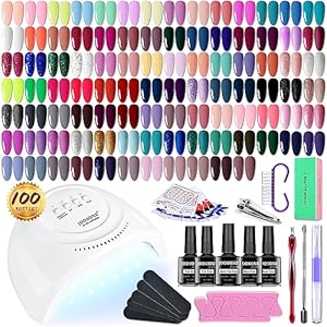 JODSONE 100 PCS Gel Nail Polish Starter Kit with U V Light 95 Colors Macarons Combined with Dark Colors Nail Gel No Wipe Base Coat Top Matte Coat Long Lasting Shine Gel Polish