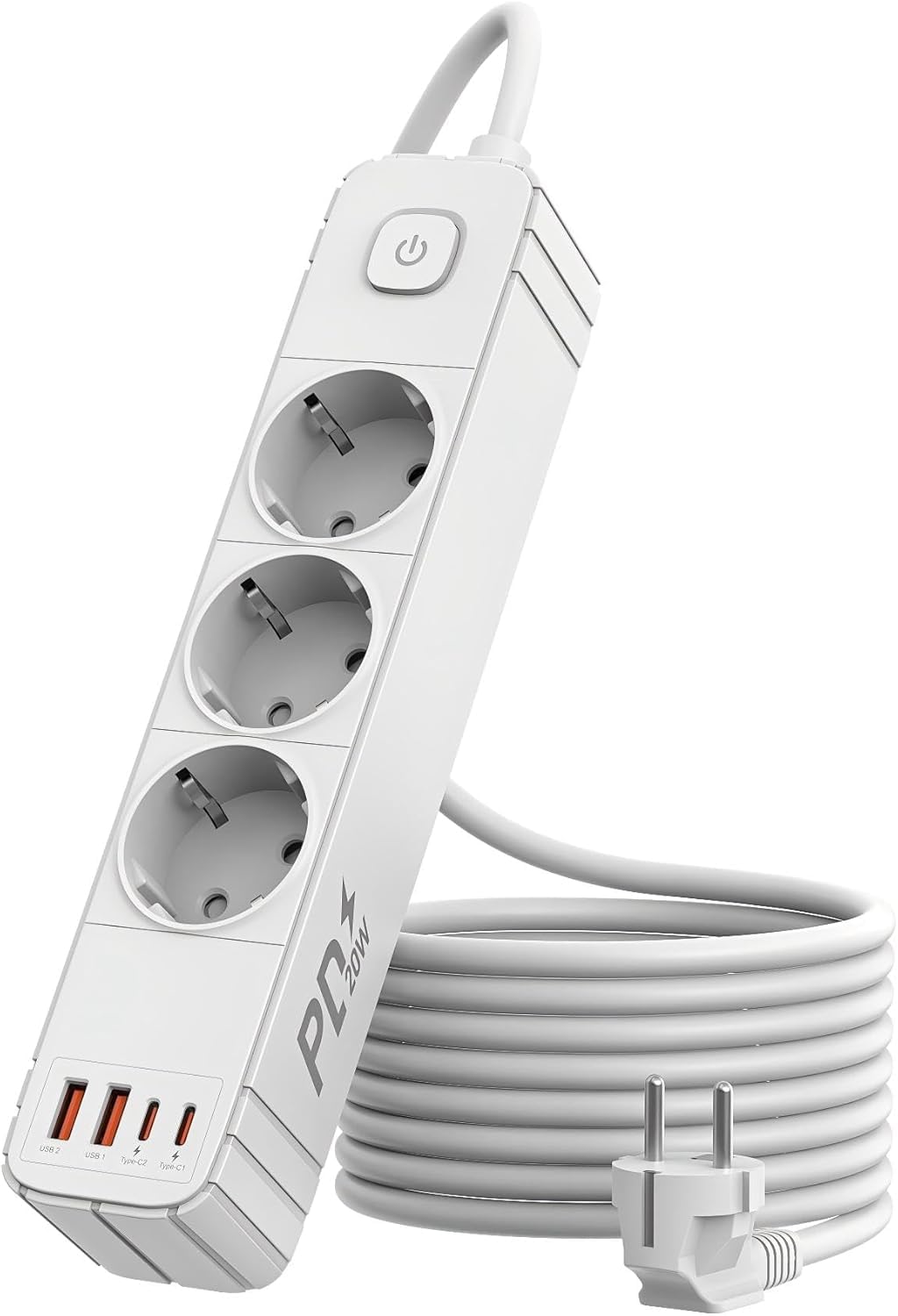 Regletas Enchufes con 3 Tomas y Interruptor, Enchufe Múltiple de Carga 2 USB A y 2 USB C (PD 20W), Protección Sobretensión, Cable 1.9m, Ideal para Viajes y Hogar