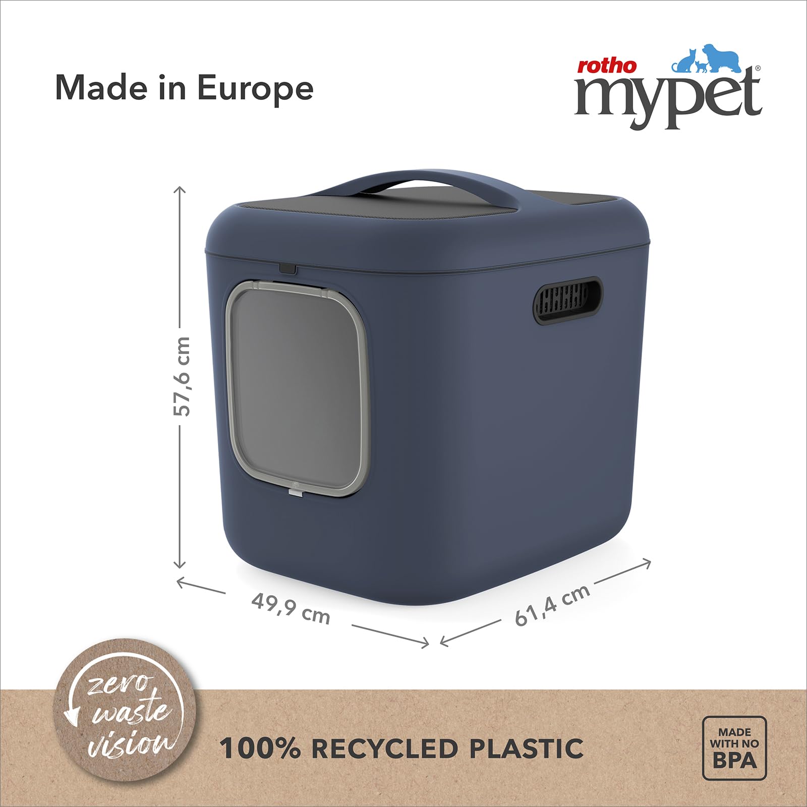 Rotho MyPet Bea Katzenklo XXL Katzentoilette mit Schaufel und Deckel Blau | Katzenklo mit Deckel, Aktivkohlefilter zur Geruchsneutralisierung, Magnetklappe, Deckel einhändig abnehmbar, 4 Ersatzfilter