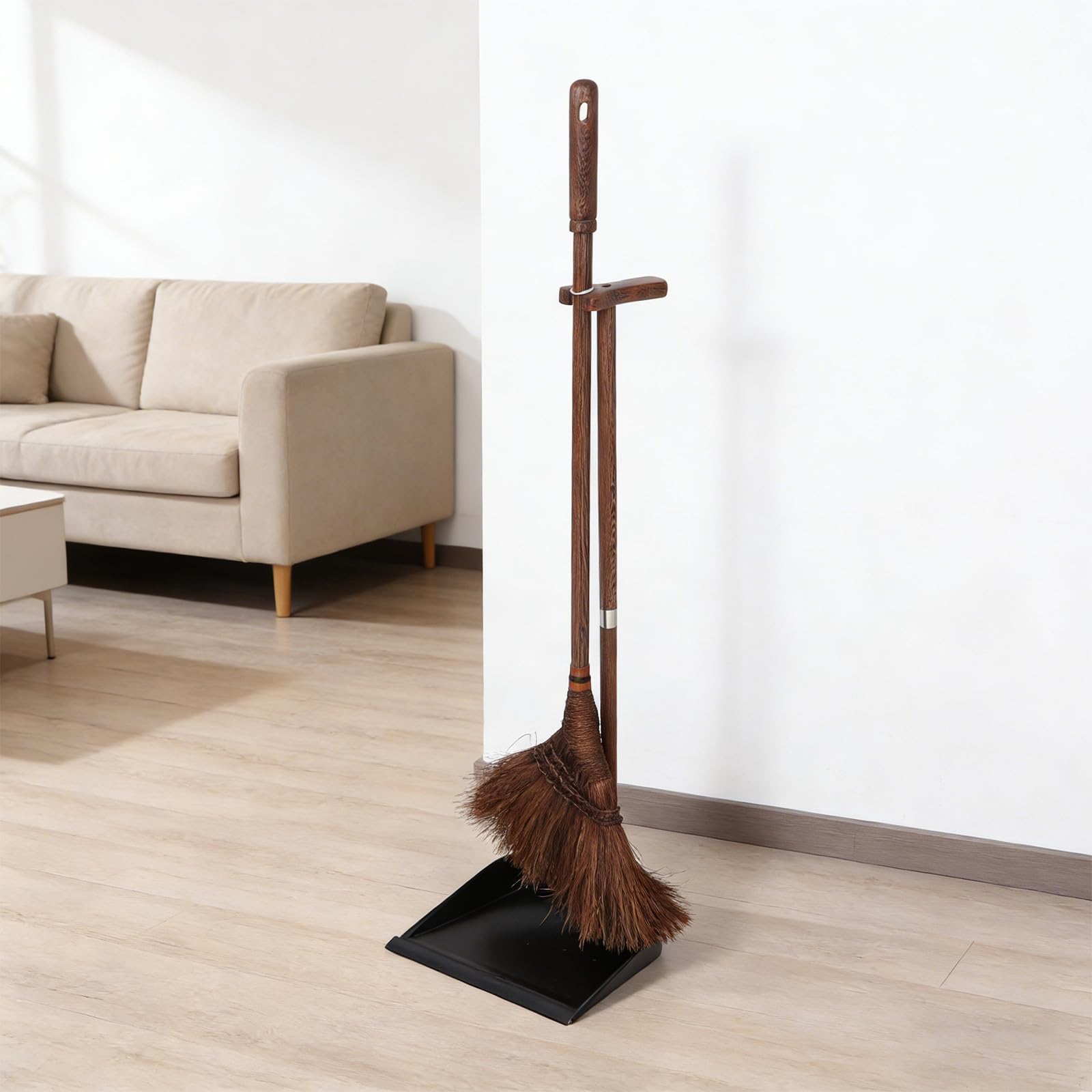GALPADA Juego Combinado de Escoba y Recogedor de Madera de Palma con Cerdas Suaves y Densas para Limpieza de Pelos de Mascotas y Suelos de Madera en Interiores