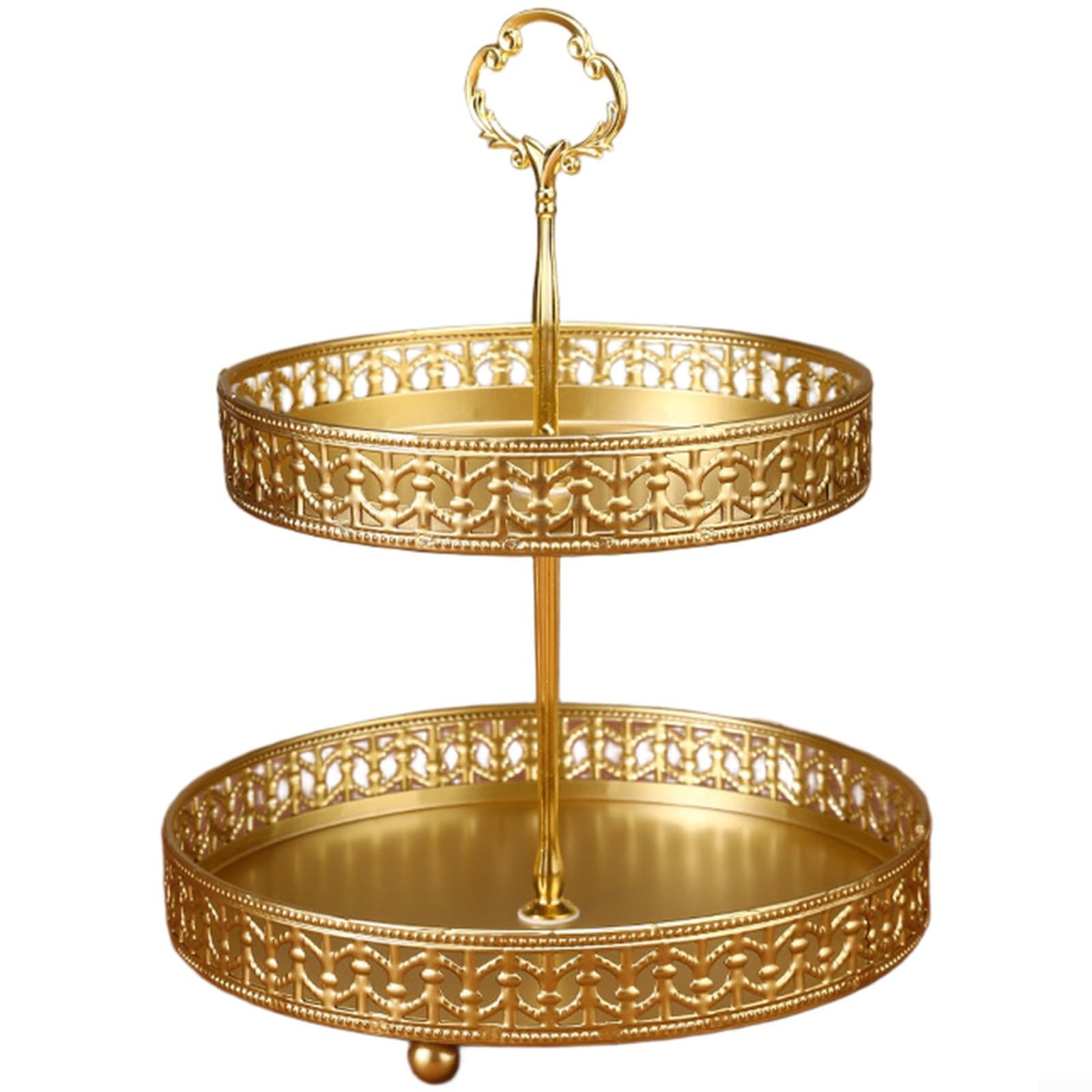 Plato de metal de doble nivel con acabado dorado exclusivo para pasteles y frutas