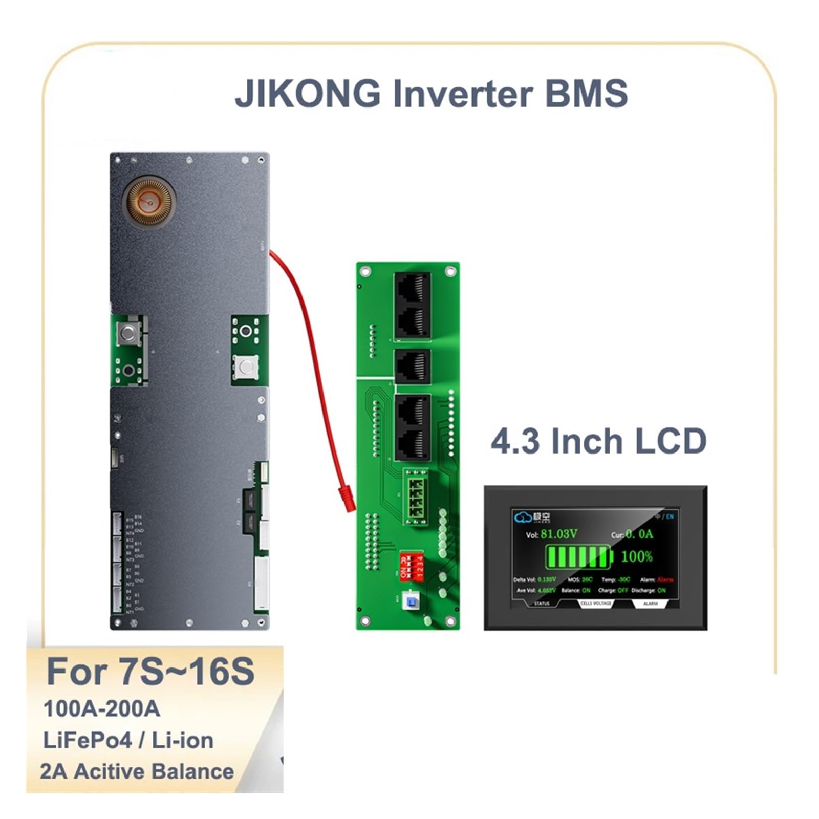JK Smart Inverter BMS avec écran 4,3" 8S-16S 100A-200A 8S-16S Lifepo4/Li-ion/LTO Stockage d'énergie Domestique Équilibreur Actif Intelligent(JK-PB2A16S15P)