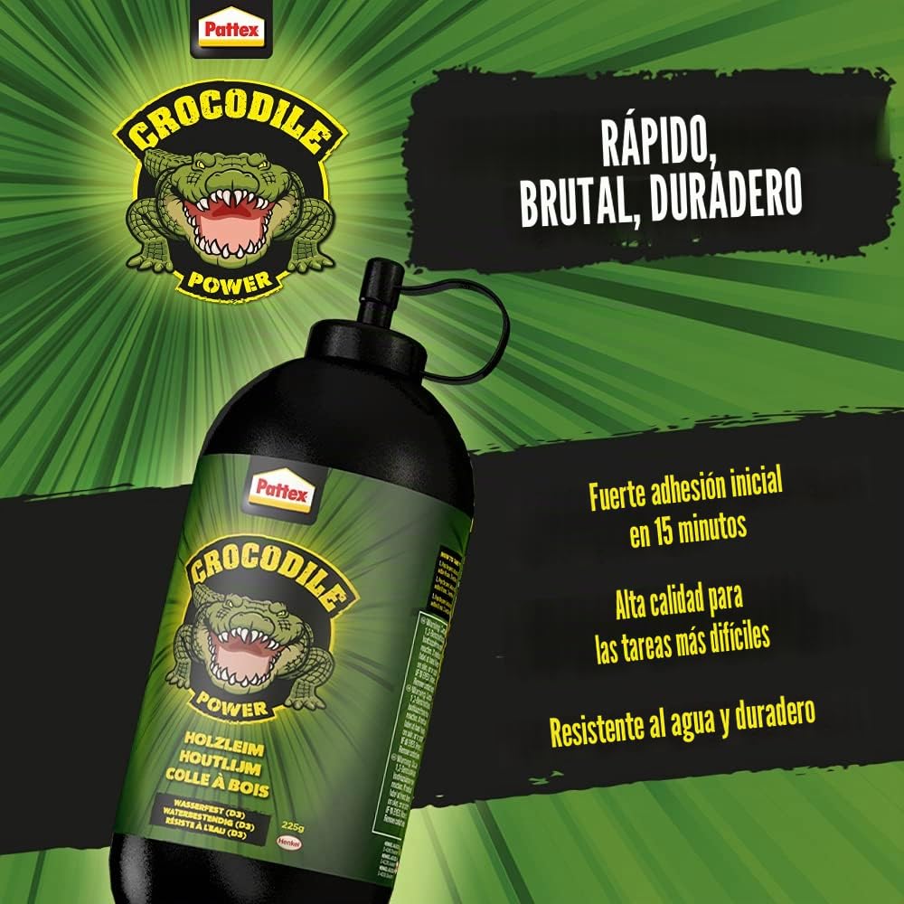 Pattex Crocodile Power Pegamento para madera, potente pegamento para madera para uso en interiores y exteriores, 1x frasco de 225 g pegamento transparente de secado y resistente al agua