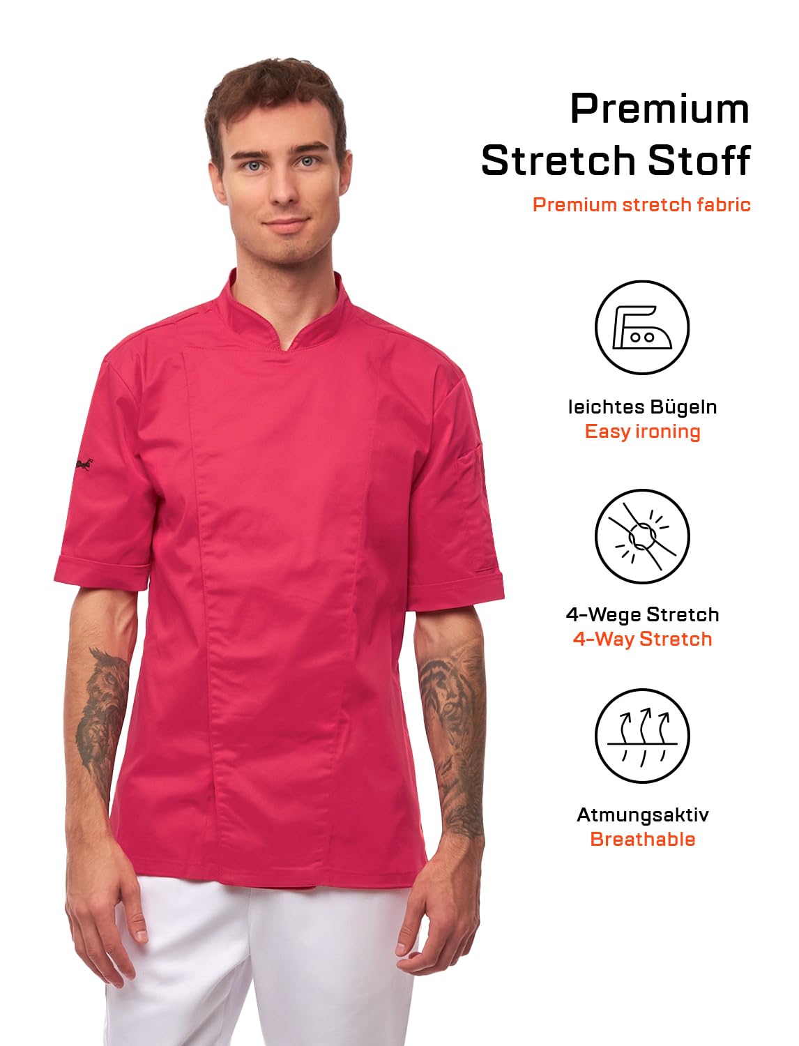strongAnt Kochjacke Herren Slim Fit Stretch BW mit Druckknöpfen, Bäckerjacke - Kurzarm - Pink XXXXXL