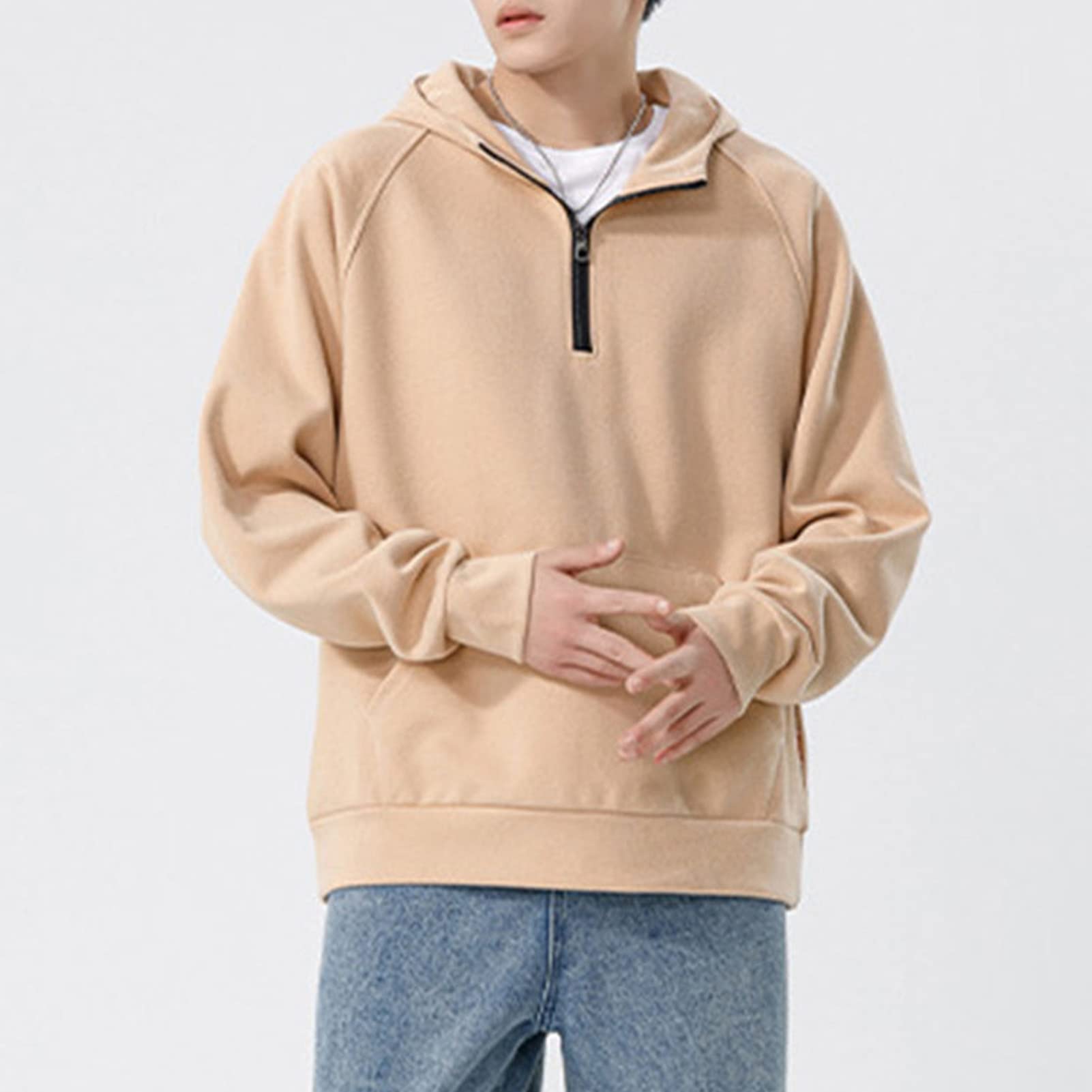 Mens Long Sleeve Fleece Quarter-Zip Sweater Casual Stand Collar Outwear Winter Tactical Jackets Coats with Pocket (3X-Large,Khaki)