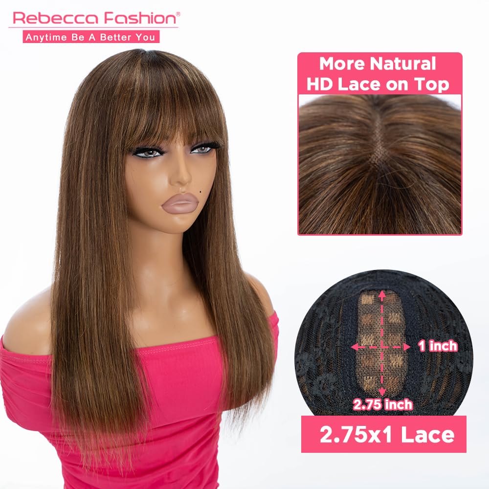 Rebecca Fashion 16 Inch Ombre Blonde Brown Straight Wig with Bangs Human Hair Silky Straight Bang Glueless Minimalist 2.75x1 Lace Scalp Wig for Women Glueless Wear and Go Brazilian Remy Hair - Image 2