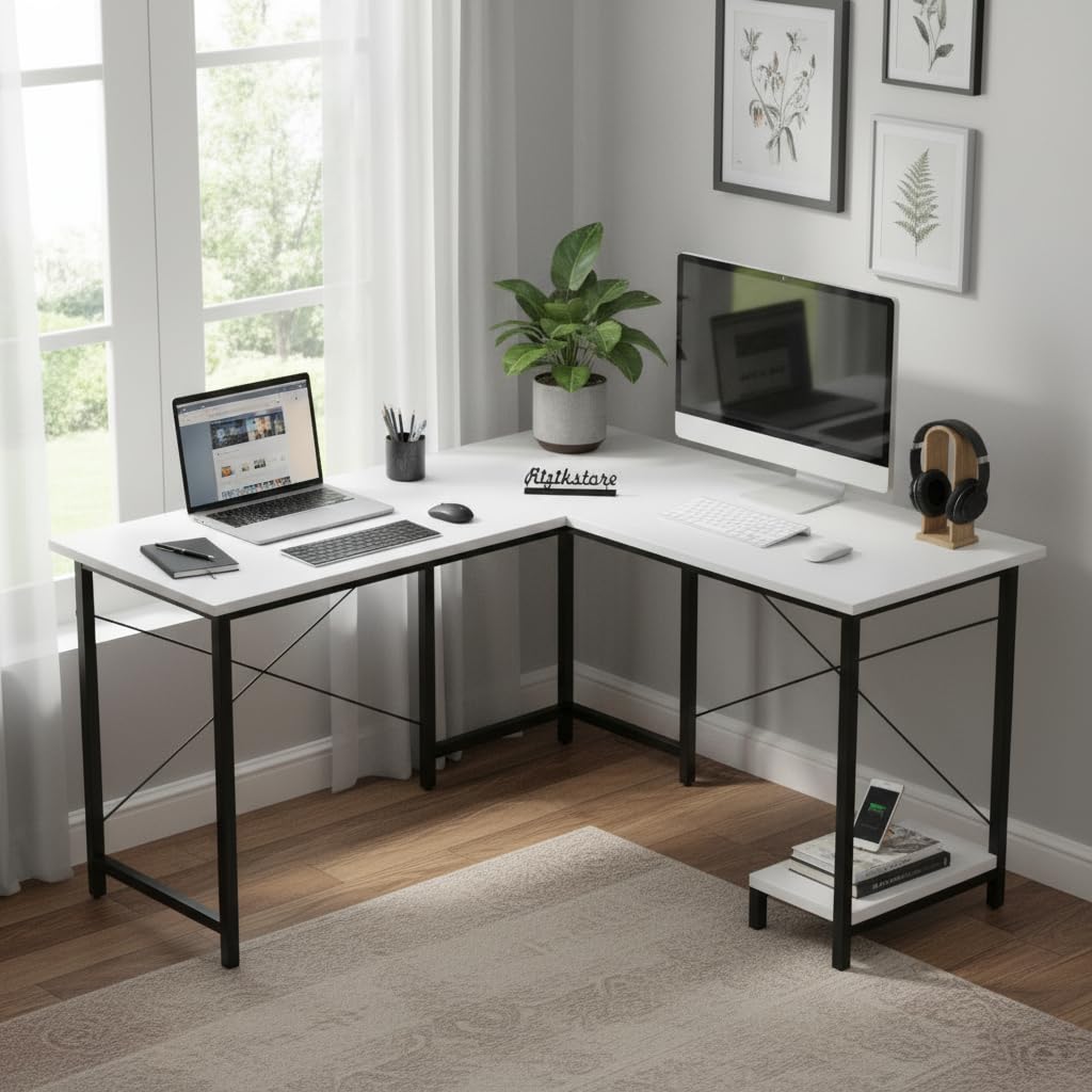 L-Shaped Computer Desk | 50-Inch Corner Gaming & Study Table with Engineered Wood Top, Metal Frame & CPU Shelf | Writing Workstation for Bedroom, Office & Small Rooms (White)