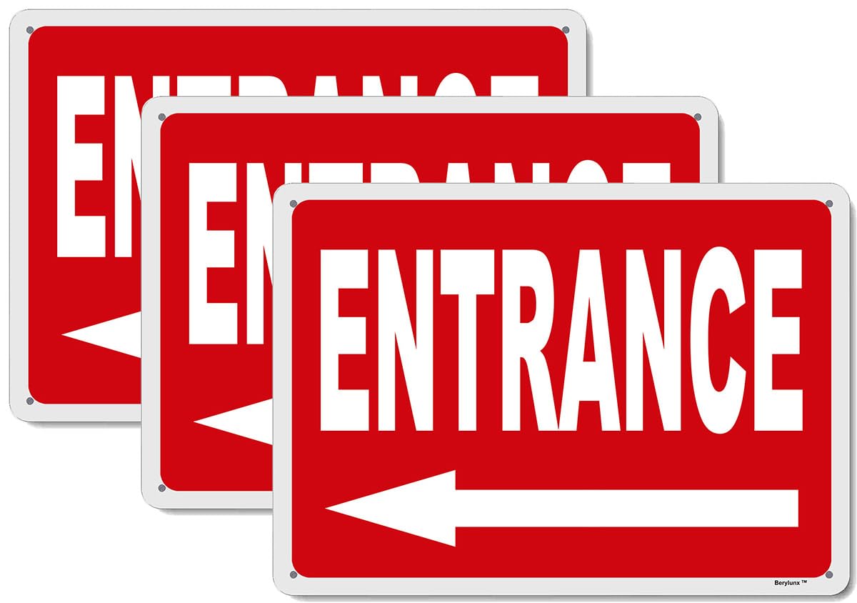 3 Pack 8"x12" Entrance Left Arrow Sign Red Background White Rust Free Aluminum, Fade Resistant Metal Signs for Business for Home for Door Outdoor