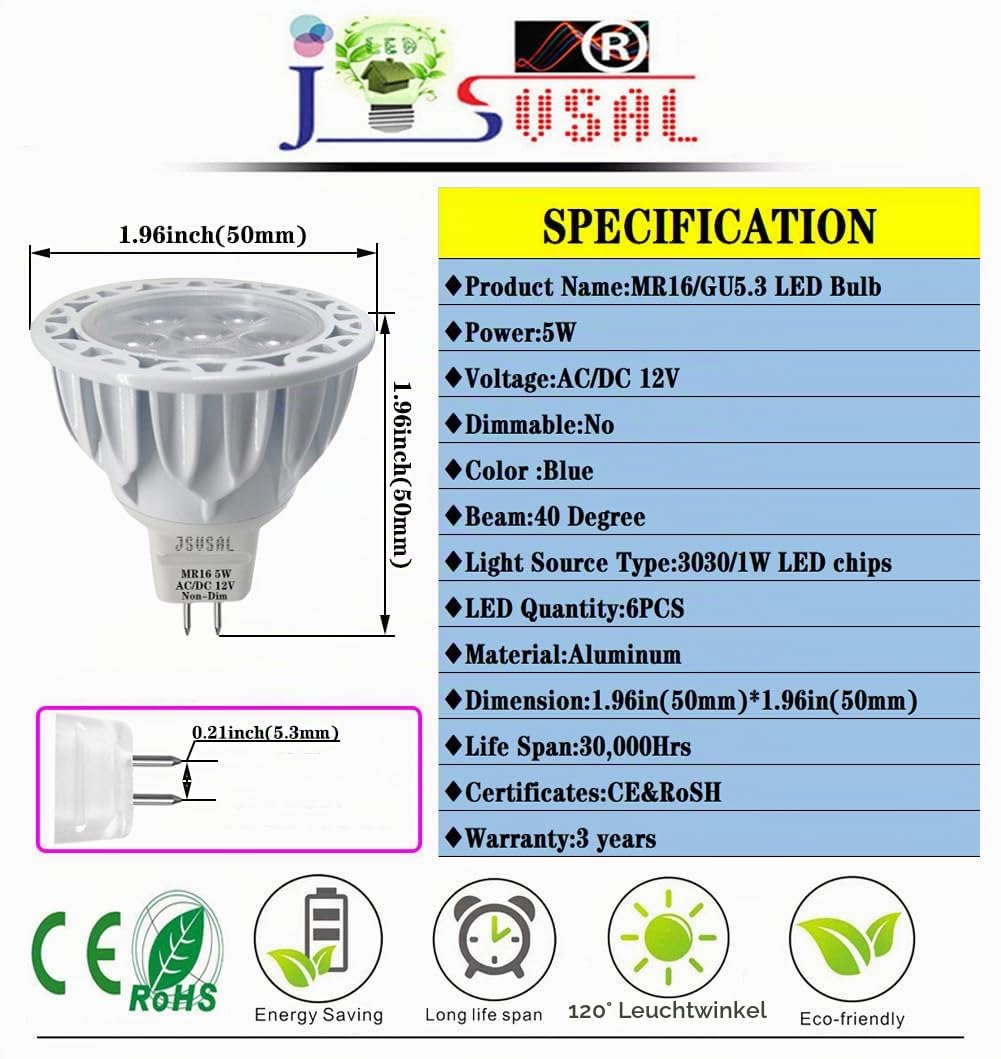 (6-Pack Not Dimmable Blue MR16 GU5.3 Bi-Pin Base LED Bulbs,5W,20W 35W 50W Halogen Equivalent,AC/DC 12V Low Voltage,40 Degree Spotlights for Landscape Yard Garden Tree Pool Holiday Lighting