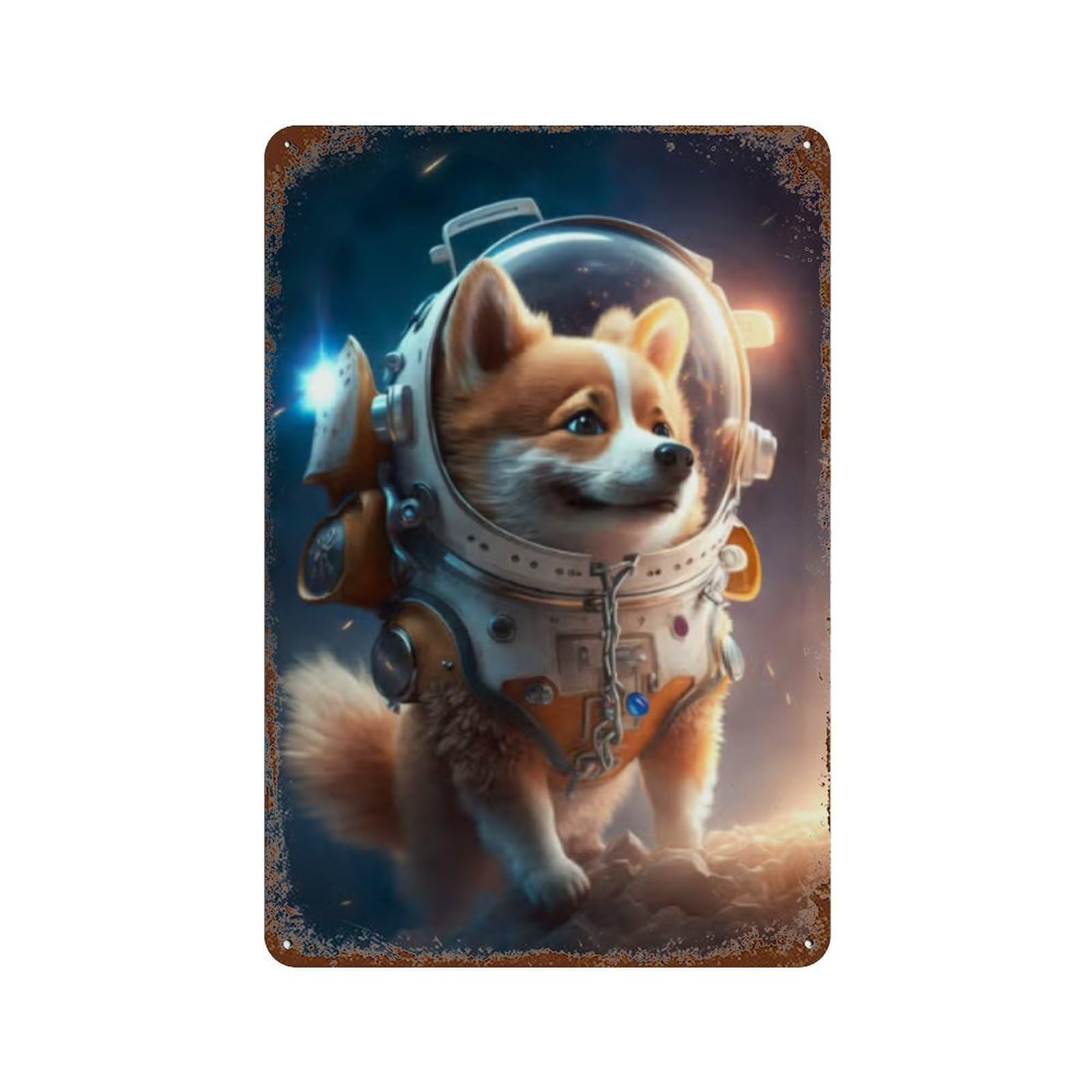 Corgi in Space Suit Vintage Wall Sign 11.8"x7.9", Rust Effect Metal Decor for Living Room, Hallway And Home Decor