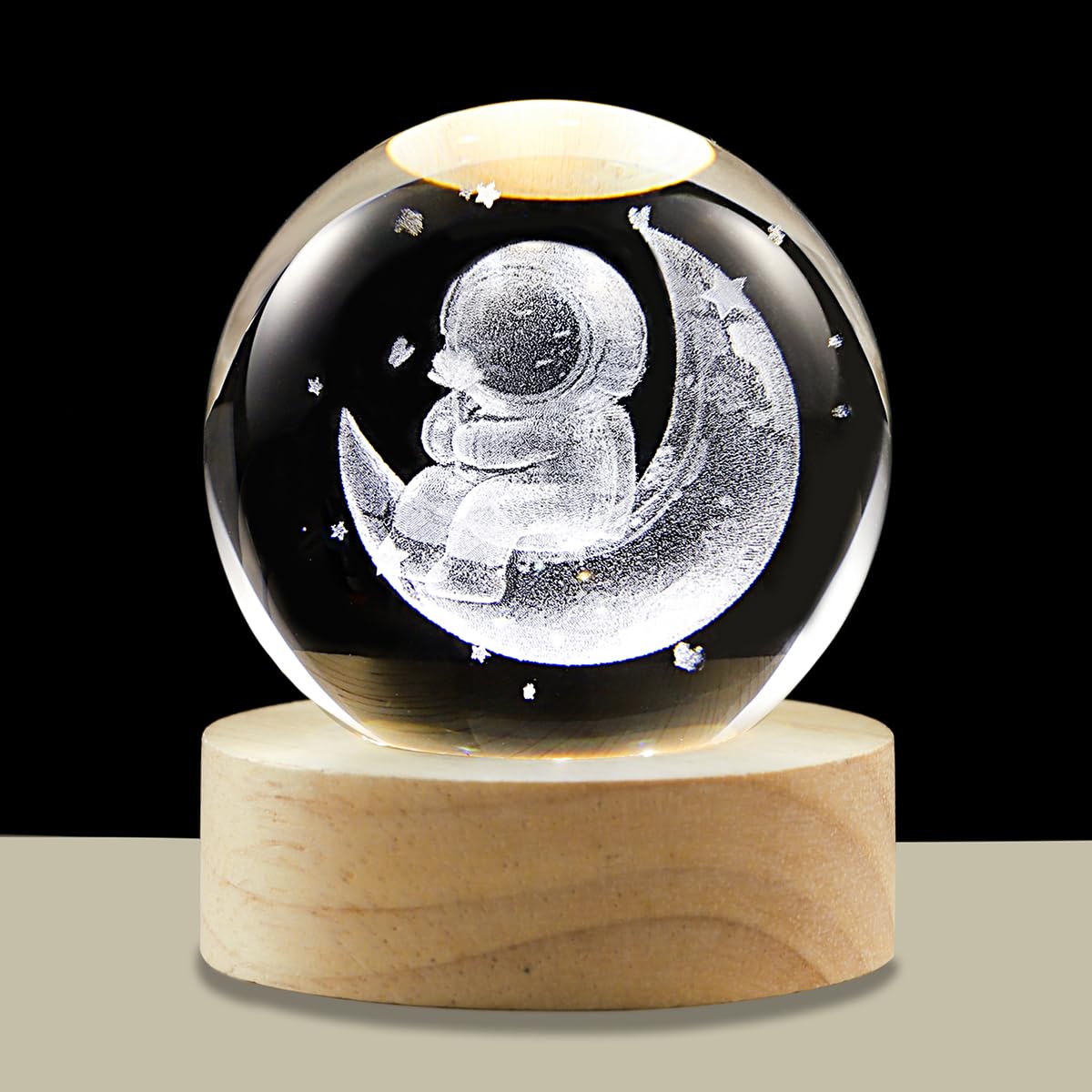 3D Moon Crystal Ball Lamp with Adjustable Brightness LED Wooden Base,Night Light for Kids Teens Adults,Birthday Gift Home Desk Office Bedroom Decor (6cm / 2.4”)​